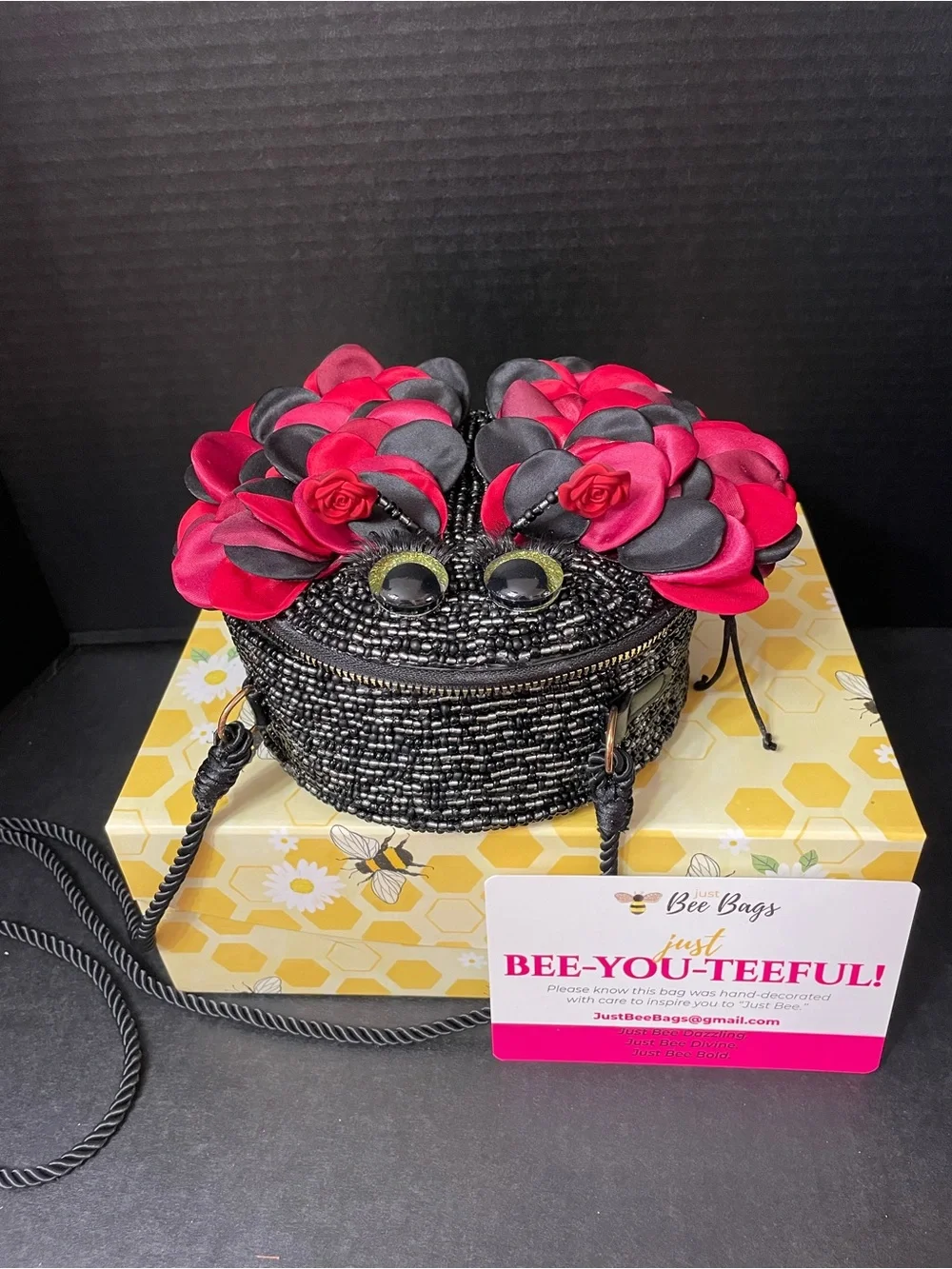 Lucy the Ladybug is a Whimsical Black and Red Beaded Women's Crossbody Bag